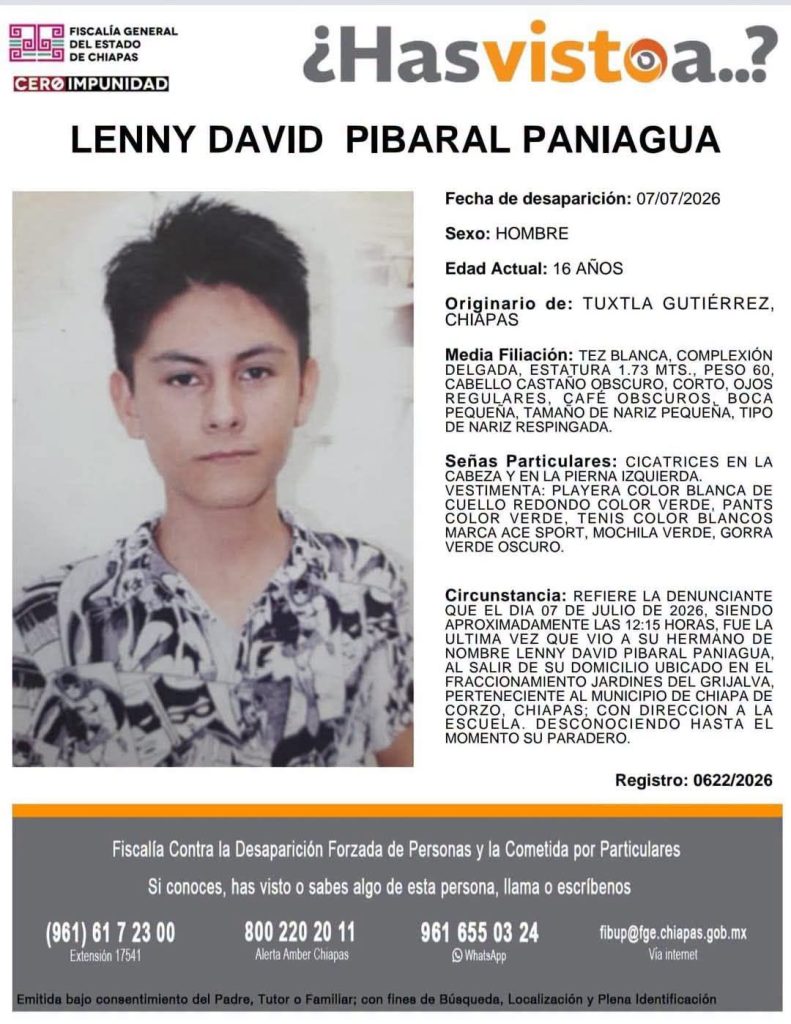 Buscan a Lenny David, adolescente de 16 años desaparecido en Chiapa de Corzo