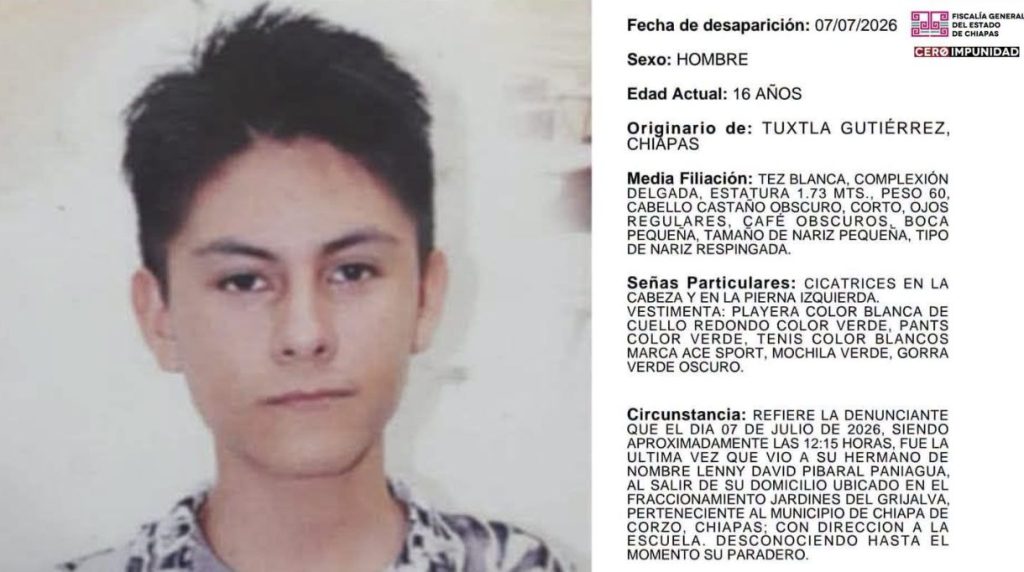 Buscan a Lenny David, adolescente de 16 años desaparecido en Chiapa de Corzo